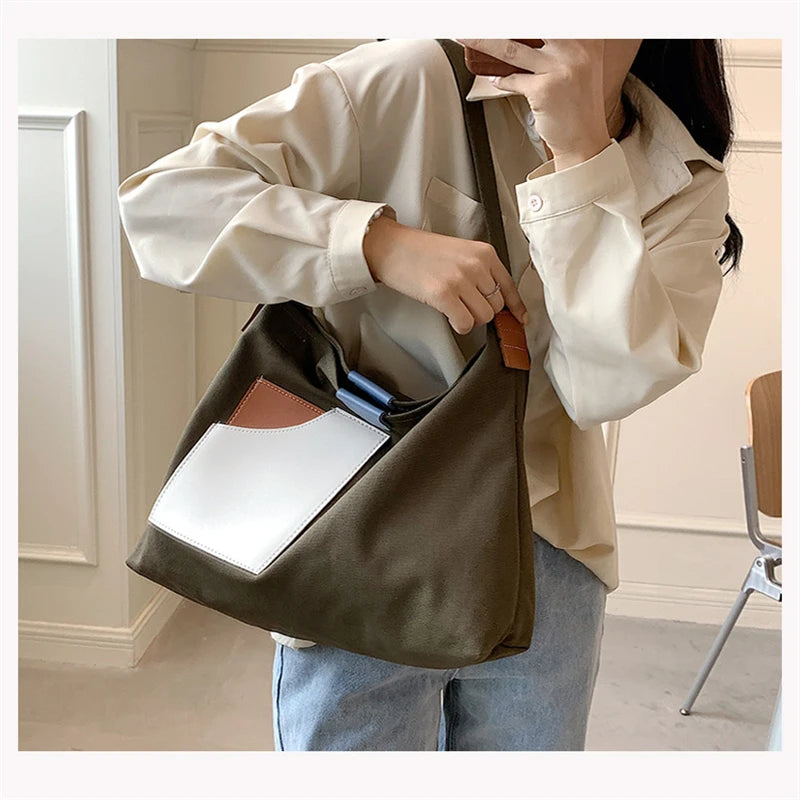 Large Capacity Canvas Tote Bags for Women 2021 New Contrast Color Bucket Travel Bag Simple Fashion Girl's Shopper Shoulder Totes