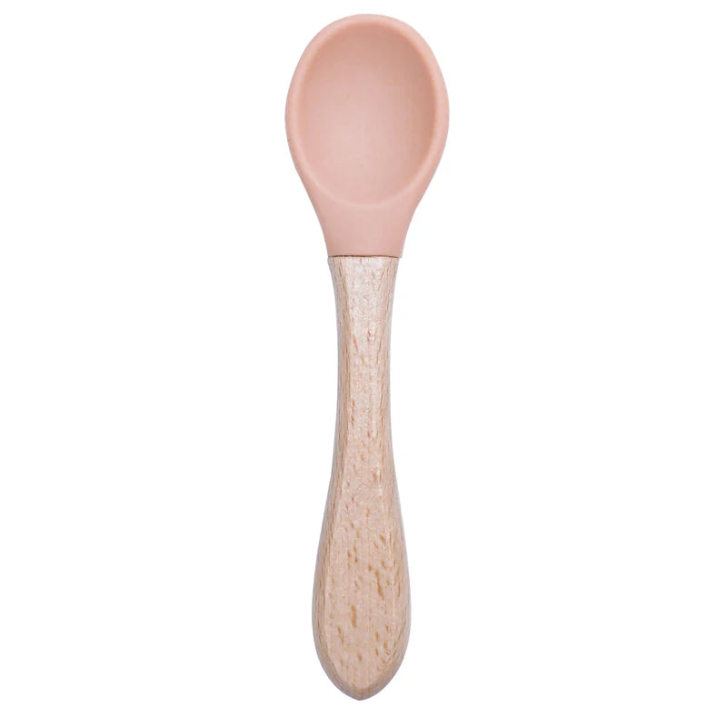 Feeding Wooden Handle Silicone Spoon For Baby Utensils Eat Soild Food Kids Training Manipulative Ability Children's Tableware