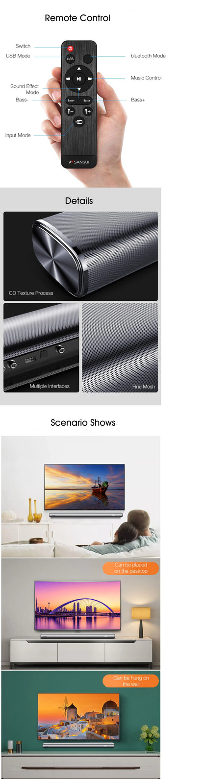 Soundbar Home Theater TV Audio 5.1 Bluetooth Dsektop Speakers 80W High Power Living Room Wall Mounted Remote Control Fully