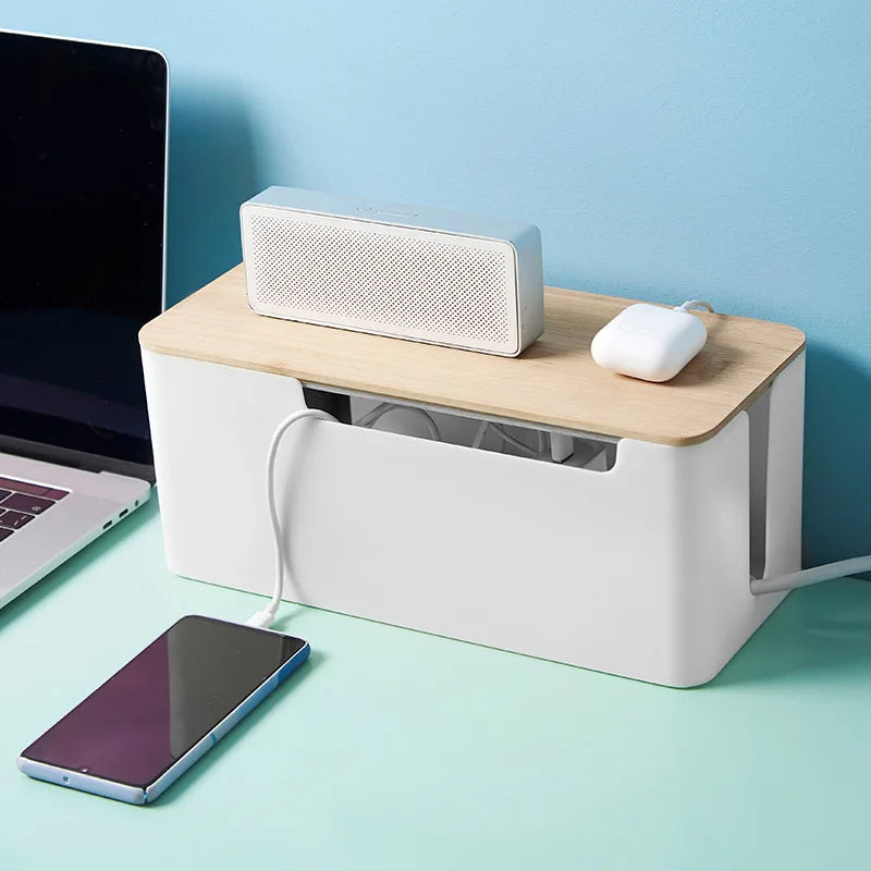 Cable Box With Wooden Cover Power Strip Wire Case Charger Socket Desktop Organizer Line Storage Box Power Board Wire Management