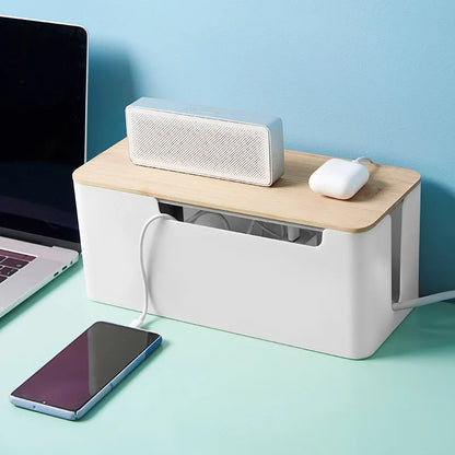 Cable Box With Wooden Cover Power Strip Wire Case Charger Socket Desktop Organizer Line Storage Box Power Board Wire Management