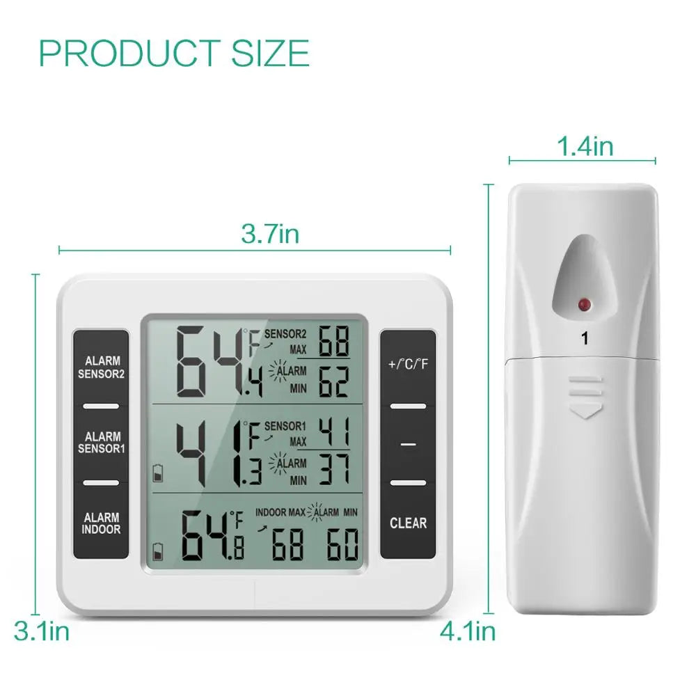 Digital Fridge Thermometer Wireless Freezer Thermometer with Indoor Temperature Monitor 2 Wireless Sensors Refrigerator Therm
