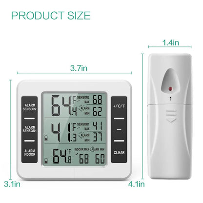 Digital Fridge Thermometer Wireless Freezer Thermometer with Indoor Temperature Monitor 2 Wireless Sensors Refrigerator Therm