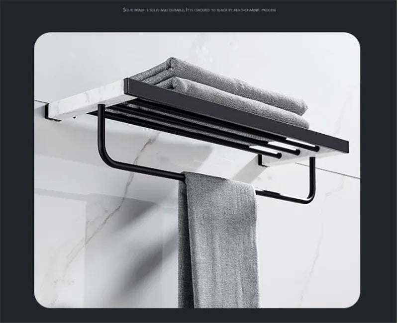 Bathroom Accessories Set Black Bathroom Shelf,Towel Rack,Towel Hanger Paper holder,Toilet Brush Holder Marble & Brass