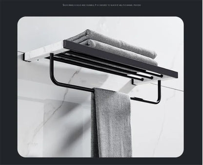 Bathroom Accessories Set Black Bathroom Shelf,Towel Rack,Towel Hanger Paper holder,Toilet Brush Holder Marble & Brass