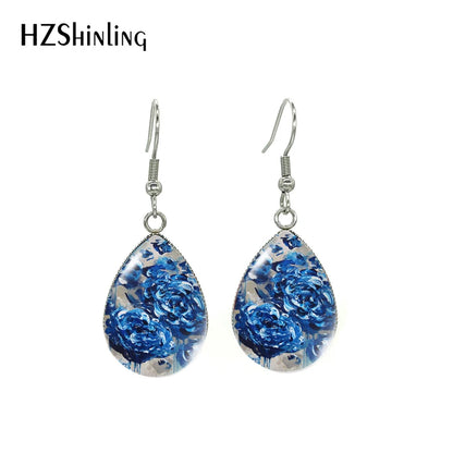 2021 Blue Floral Paintings Glass Cabochon Tear Drop Dangle Hook Earrings Handmade Crafts Jewelry