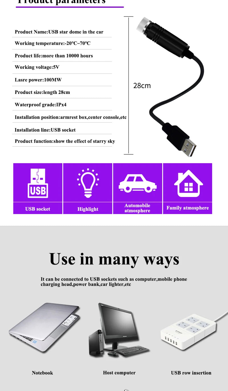 USB Decorative Lamp Adjustable Car Interior Decor Light Romantic LED Car Roof Star Night Light Projector Atmosphere Galaxy Lamp