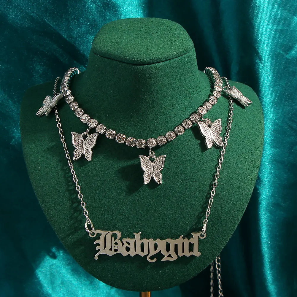 New Multi Layer Butterfly Dragon Charms Crystal Necklaces For Women Punk Golden Angel Letter Clavicle Chain Hiphop Gifts Jewelry