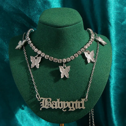 New Multi Layer Butterfly Dragon Charms Crystal Necklaces For Women Punk Golden Angel Letter Clavicle Chain Hiphop Gifts Jewelry