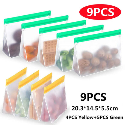 Reusable Food Storage Bag Upgrade Leakproof Top Stand Up Freezer Sandwich Ziplock Bag Silicone PEVA Food Preservation Shut Bag