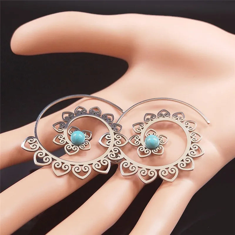 Vintage Ethnic Indian Carved Mandala Flower Dangle Earrings Stainless Steel Stone Boho Hollow Earring Jewelry pendientes flor