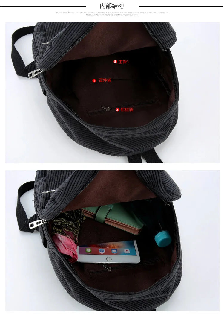 Personalized Corduroy Black Navy Khaki Gary Student Backpack Embroidered Custom Large Capacity Schoolbag for Student and Adult