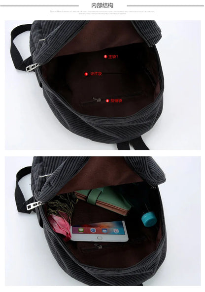 Personalized Corduroy Black Navy Khaki Gary Student Backpack Embroidered Custom Large Capacity Schoolbag for Student and Adult