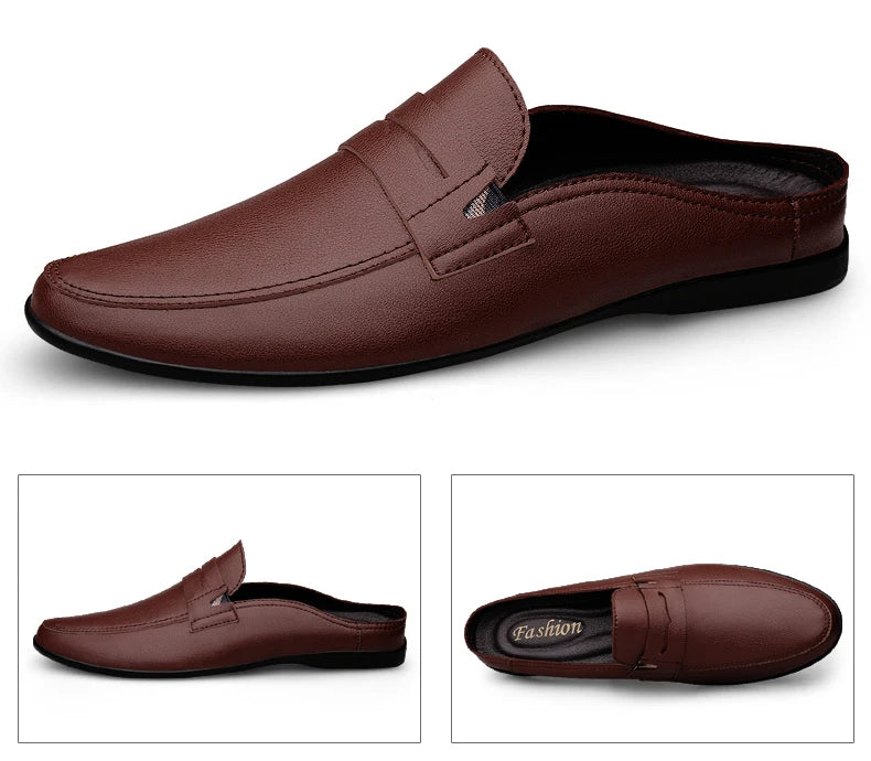 Quality Men Slippers Leather Men Mules Half Shoe Loafers Moccasins Outdoor Non-slip Black Beach Sandals Slides Zapato Hombre