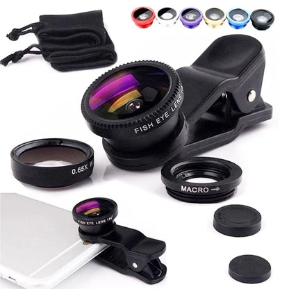 3 in 1 Fisheye Phone Lens Wide Angle Zoom Lens Fish Eye Macro Lenses Camera Kits With Clip Lens On The Phone For All Smart Phone