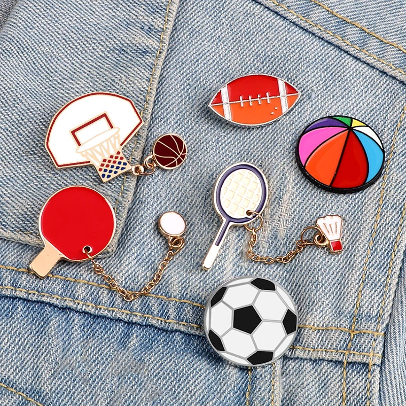Sports Ball Series Brooch Soccer Basketball Ping Pong Enamel Pin with Chain Cartoon Fashion Accessories Denim Badge Jewelry Gift