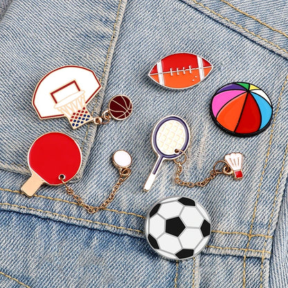 Sports Ball Series Brooch Soccer Basketball Ping Pong Enamel Pin with Chain Cartoon Fashion Accessories Denim Badge Jewelry Gift