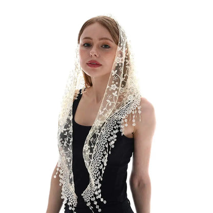 Embroidered Lace Scarf for Church Shawl Catholic Veil Church Scarf Sheer Floral Scarves Prayer Shawl Spanish Mantilla for Church