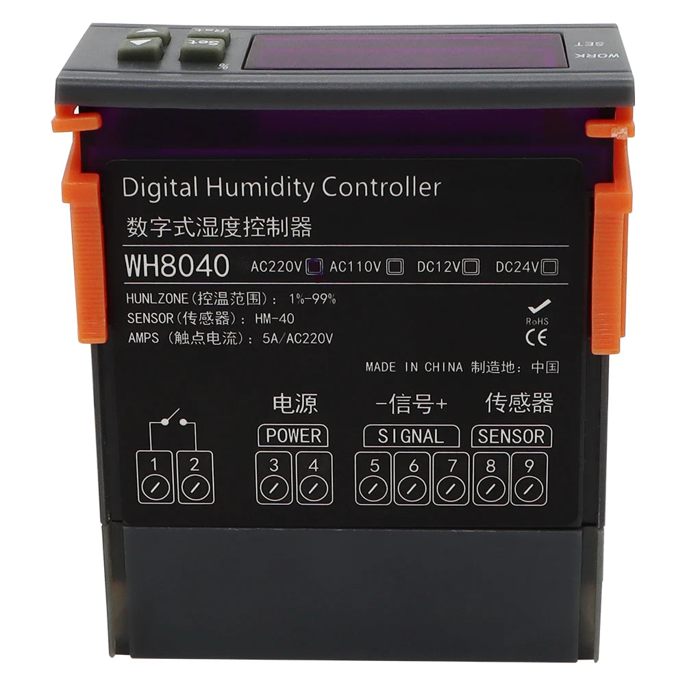 WH8040 Temperature&Humidity Controller 1% ~ 99% Air Refrigeration Thermostat for Home Fridge Lab Cooler 12V/24V/220V