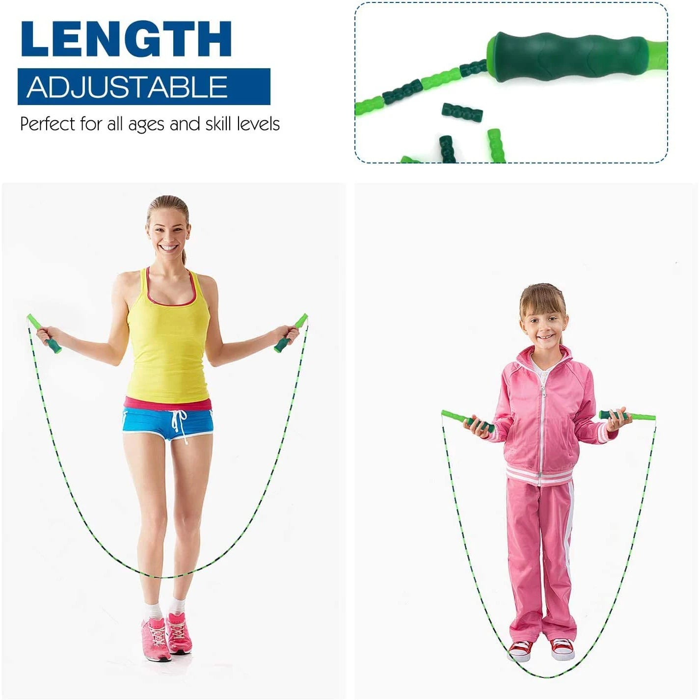 Tangle-Free Segmented Beaded Jump Rope For Kids Fitness Skipping Rope For Men and Women Adjustable Length Weight Loss