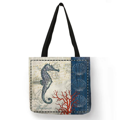 Casual Leisure Totes Bag Women Handbag Marine Animal Sea Turtle Horse Octopus Print Travel Shopping Shoulder Bags for Groceries