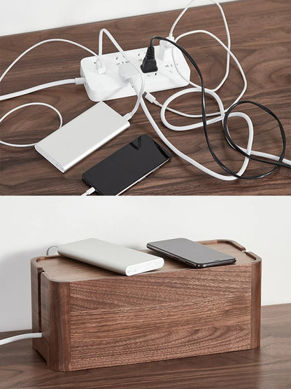 Cable Organizer Management Black Walnut Wood Storage Box Dustproof Junction Box Desktop Clip Holder For TV Box Organizer Shelf