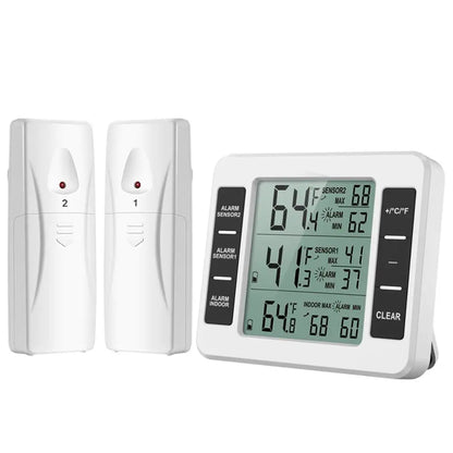 Digital Fridge Thermometer Wireless Freezer Thermometer with Indoor Temperature Monitor 2 Wireless Sensors Refrigerator Therm