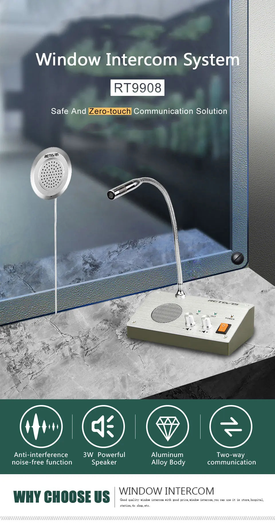 Retevis RT-9908 Dual Way Window Intercom System Bank Counter Interphone Two Way Intercom Intercom bank pharmacy Table Microphone