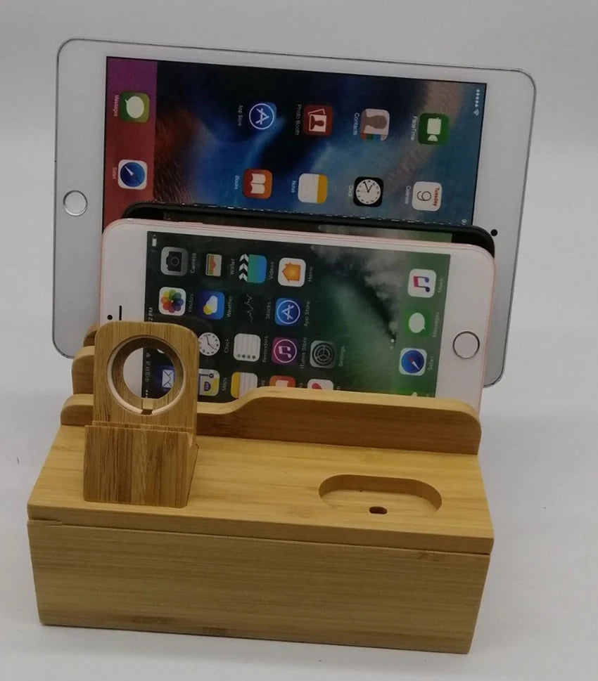 Bamboo Charging Organizer Cord for Phones Desk Wood Docking Stations Electronic Organizer for Cell Phone Tablet