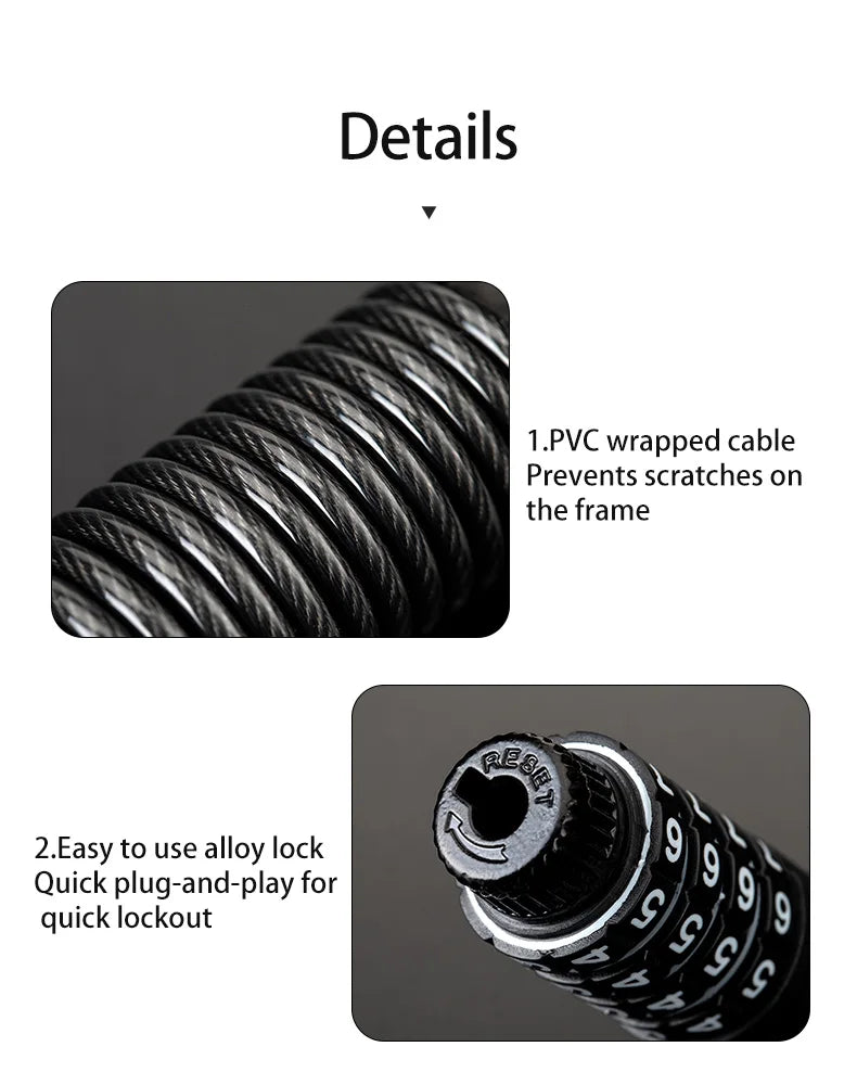 ROCKBROS Mini Password Lock Anti-theft Bicycle Durable Steel Wire Lock Helmet Lock Chain Bike Frame Lock Bike Accessories