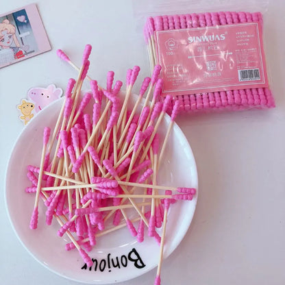 100PCS pink girl heart cute cotton swab stick double head cotton stick disposable makeup remover cotton swab cotton bat