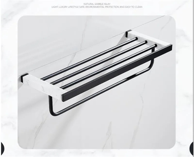 Bathroom Accessories Set Black Bathroom Shelf,Towel Rack,Towel Hanger Paper holder,Toilet Brush Holder Marble & Brass