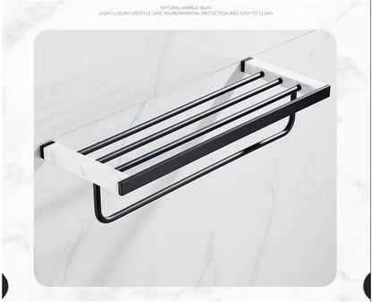 Bathroom Accessories Set Black Bathroom Shelf,Towel Rack,Towel Hanger Paper holder,Toilet Brush Holder Marble & Brass