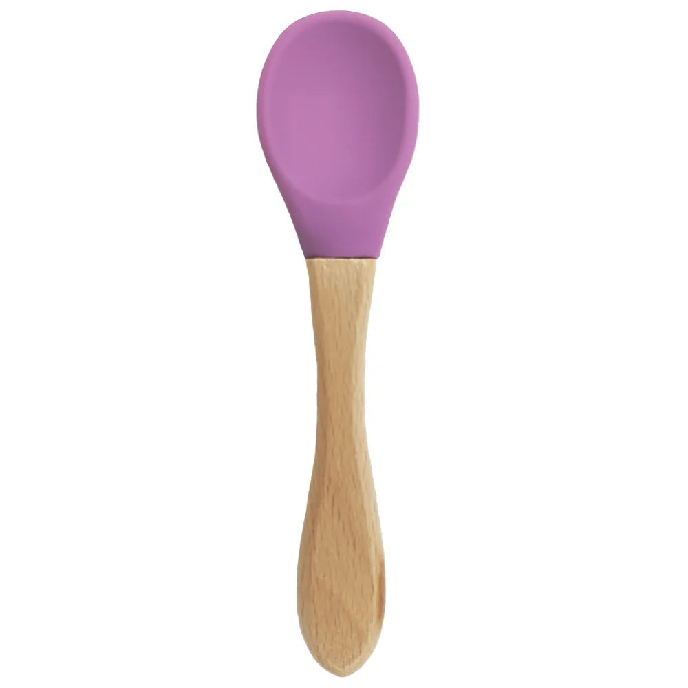 Feeding Wooden Handle Silicone Spoon For Baby Utensils Eat Soild Food Kids Training Manipulative Ability Children's Tableware