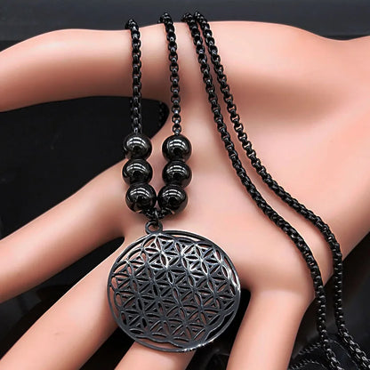 2023 Flower of Life Stainless Steel Mandala Metatron Necklaces Sacred Geometry Long Black Bead Necklace Jewerly flor de la vida