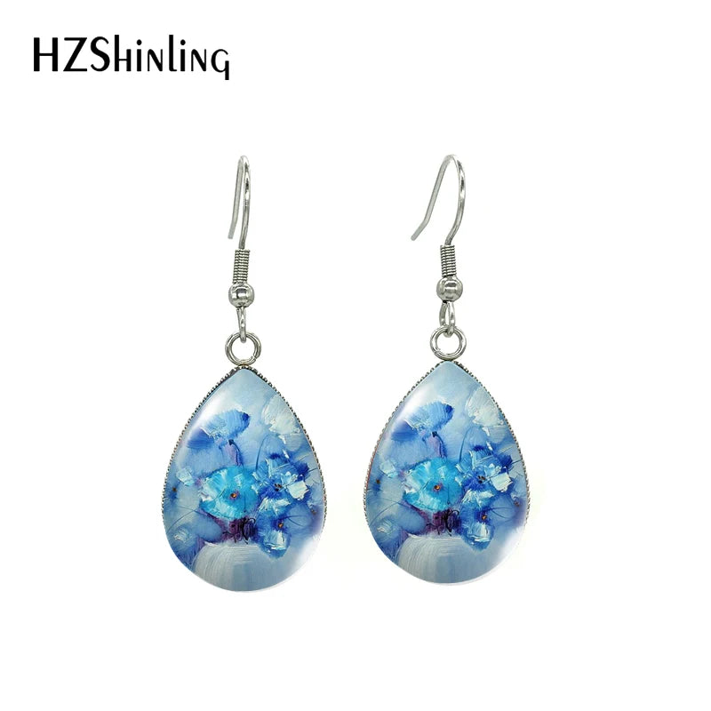 2021 Blue Floral Paintings Glass Cabochon Tear Drop Dangle Hook Earrings Handmade Crafts Jewelry