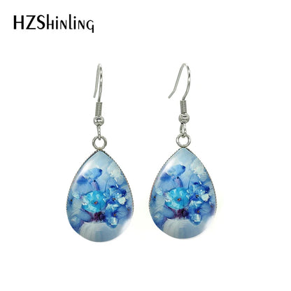 2021 Blue Floral Paintings Glass Cabochon Tear Drop Dangle Hook Earrings Handmade Crafts Jewelry