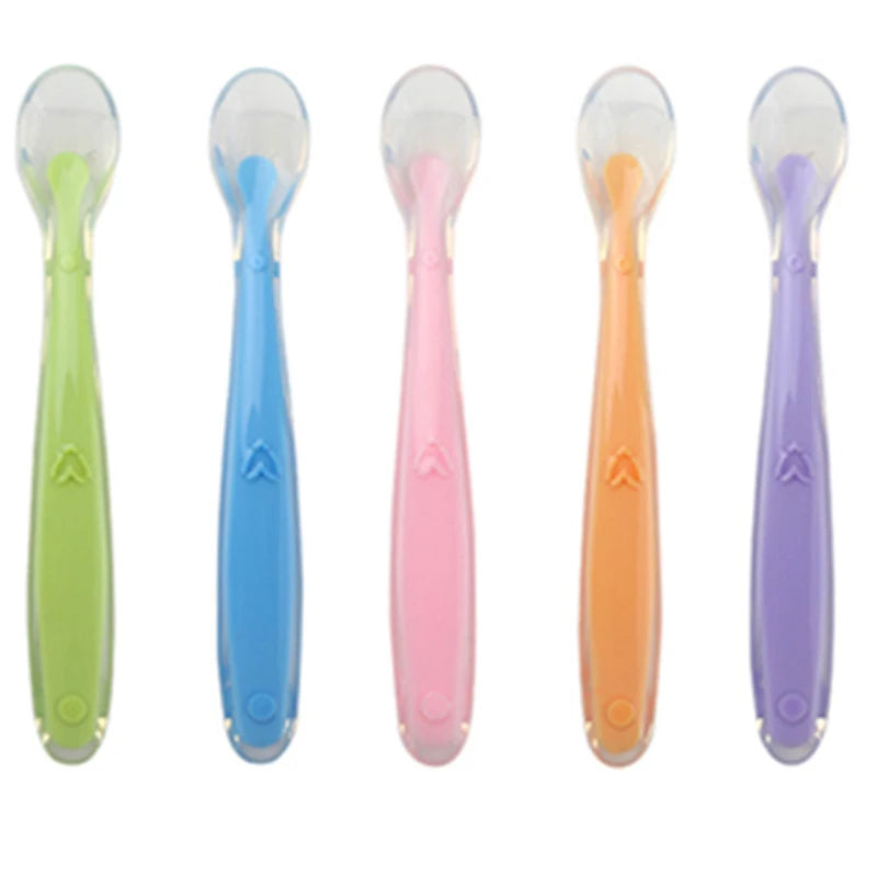 Baby Soft Silicone Feeding Spoon Dishes Tableware Candy Color Temperature Sensing Spoon Utensils Children Food Baby Feeding Tool