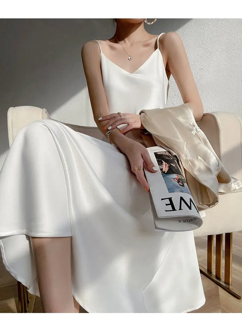 Vintage Satin Women's Dress Summer Sexy Spaghetti Strap Long Party Maxi Dresses Midi Robe Female Clothing