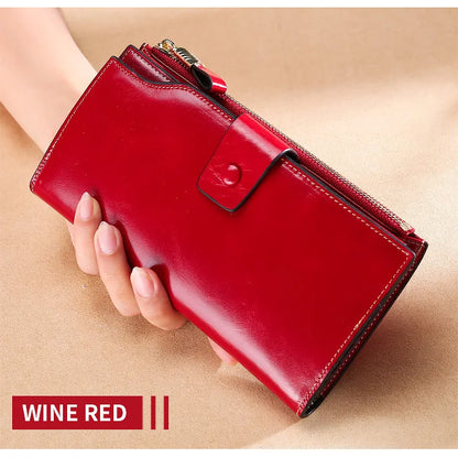RFID Blocking 100% Genuine Leather Women Wallet Long Lady Purse Brand Design Luxury Bag Oil Wax Card Holder Female Coin Clips