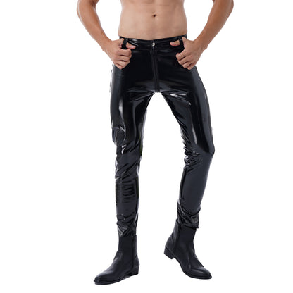 Moto Pants Leather Zipper Crotchless Pants Mens Clothing Fashion Wet Look Nightclub Performance Costumes Wet Look Trousers