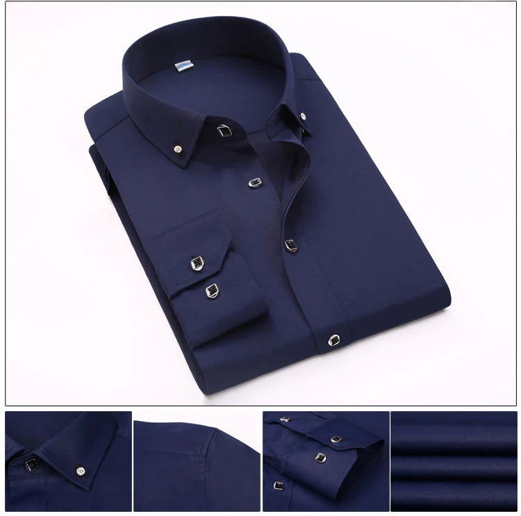 High Quality Men's Long Sleeve Shirt Dress Casual Solid Color Routine Fit Design Business Male Social Shirts White Blue Black