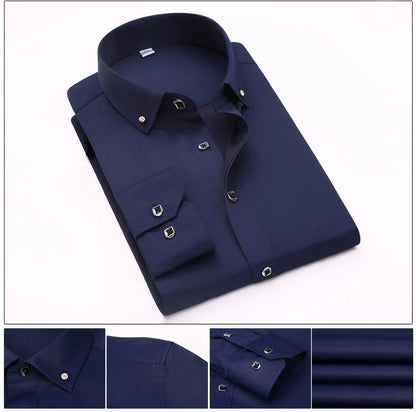 High Quality Men's Long Sleeve Shirt Dress Casual Solid Color Routine Fit Design Business Male Social Shirts White Blue Black