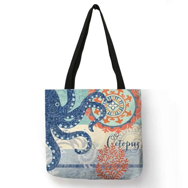 Casual Leisure Totes Bag Women Handbag Marine Animal Sea Turtle Horse Octopus Print Travel Shopping Shoulder Bags for Groceries