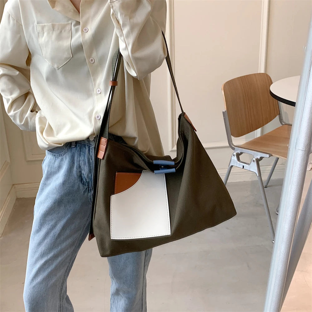 Large Capacity Canvas Tote Bags for Women 2021 New Contrast Color Bucket Travel Bag Simple Fashion Girl's Shopper Shoulder Totes