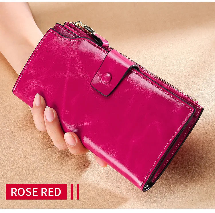 RFID Blocking 100% Genuine Leather Women Wallet Long Lady Purse Brand Design Luxury Bag Oil Wax Card Holder Female Coin Clips