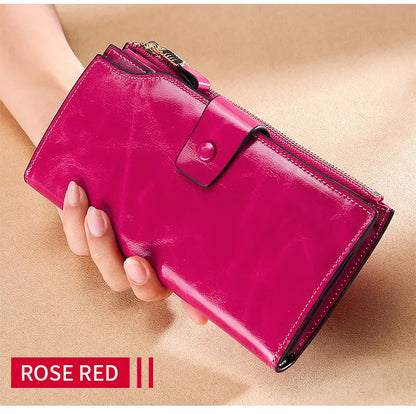 RFID Blocking 100% Genuine Leather Women Wallet Long Lady Purse Brand Design Luxury Bag Oil Wax Card Holder Female Coin Clips