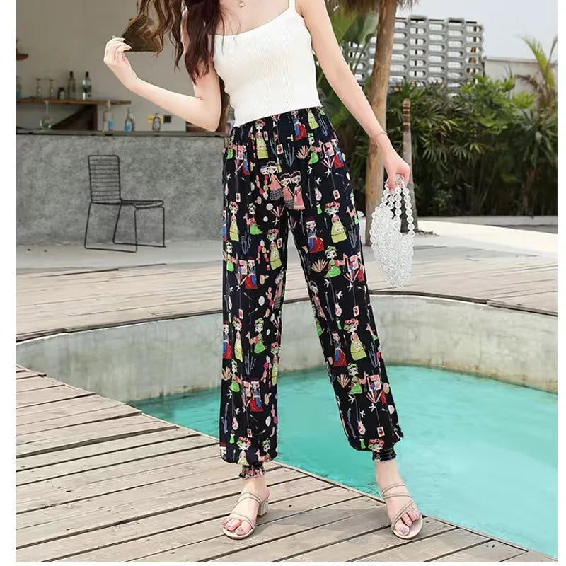 Women's Casual Print Palazzo Pants, Loose Sleep Pyjama Pants, Wide Leg, Thin Shorts, Cropped Pants, Summer Outdoor, ouc1143