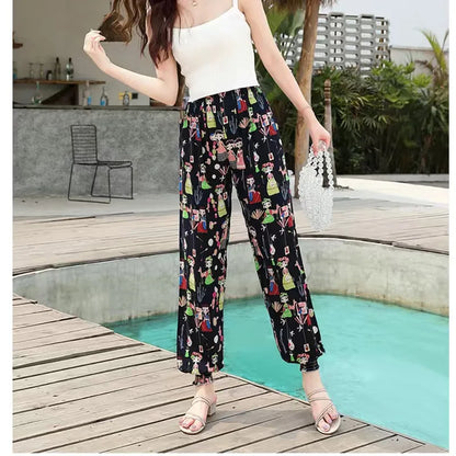 Women's Casual Print Palazzo Pants, Loose Sleep Pyjama Pants, Wide Leg, Thin Shorts, Cropped Pants, Summer Outdoor, ouc1143