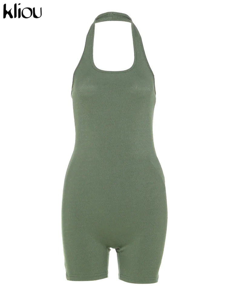 Kliou Striped Sporty Workout Halter Rompers Women Casual Active Wear Backless Sleeveless Playsuit Athleisure Biker Playsuits